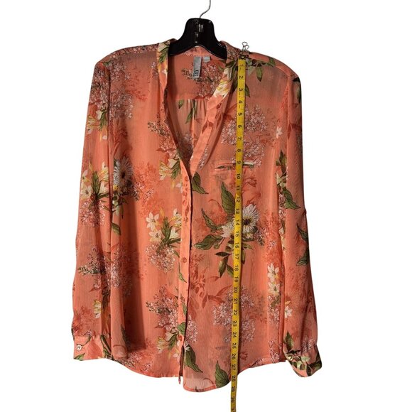 Floral Long Sleeve Sheer Button-Down Shirt Peach & Green Lightweight Boho Top - Picture 7 of 10